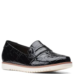 Clarks Flats|Women's , Serena Terri Slip-On Black Croco Print