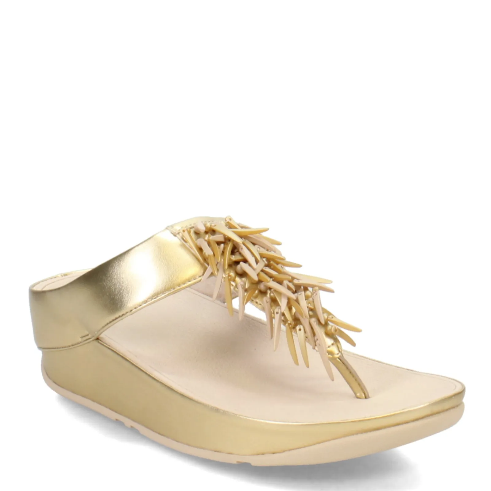 FitFlop Wedges|Women's , Rumba Beaded Metallic Toe-Post Sandal Platinum