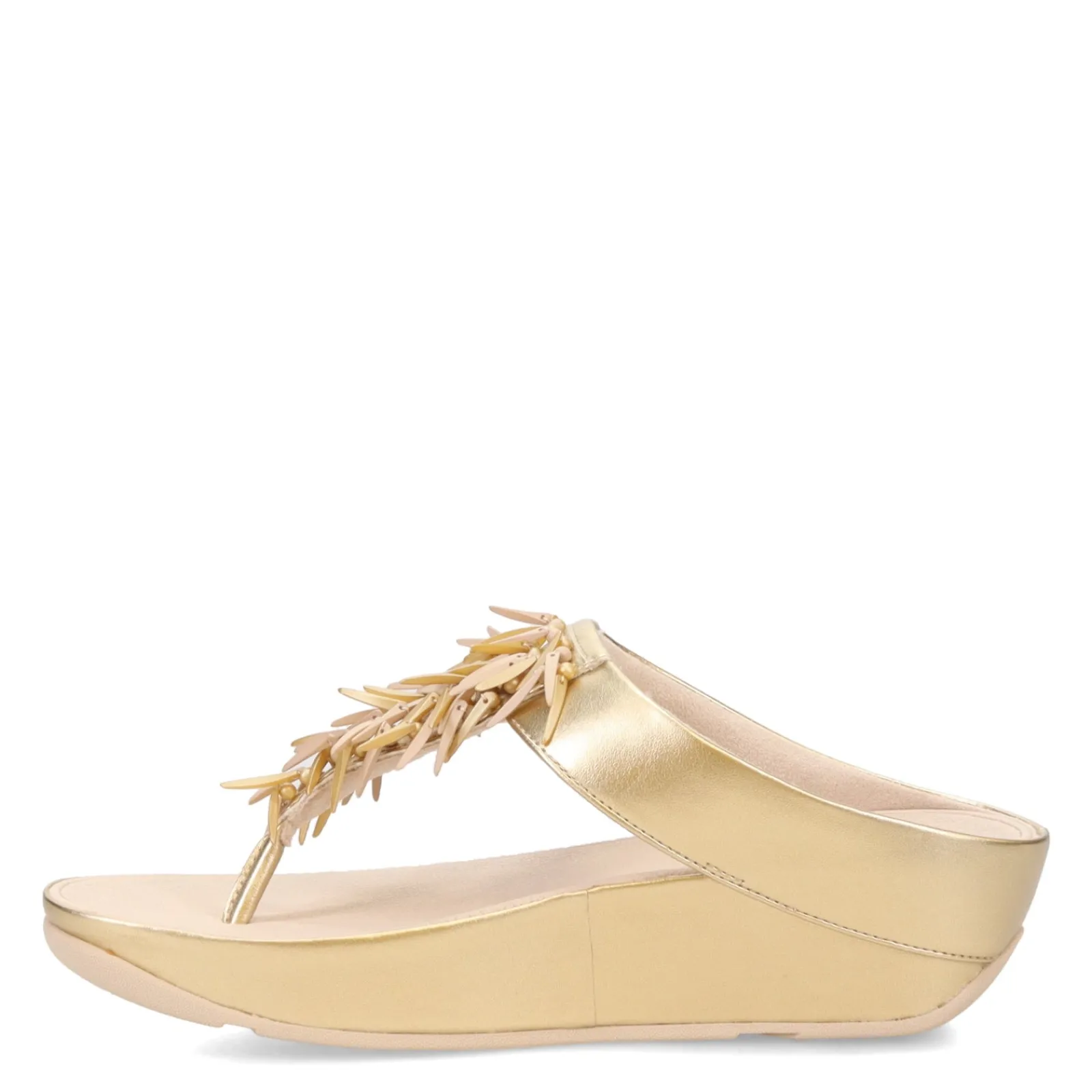 FitFlop Wedges|Women's , Rumba Beaded Metallic Toe-Post Sandal Platinum
