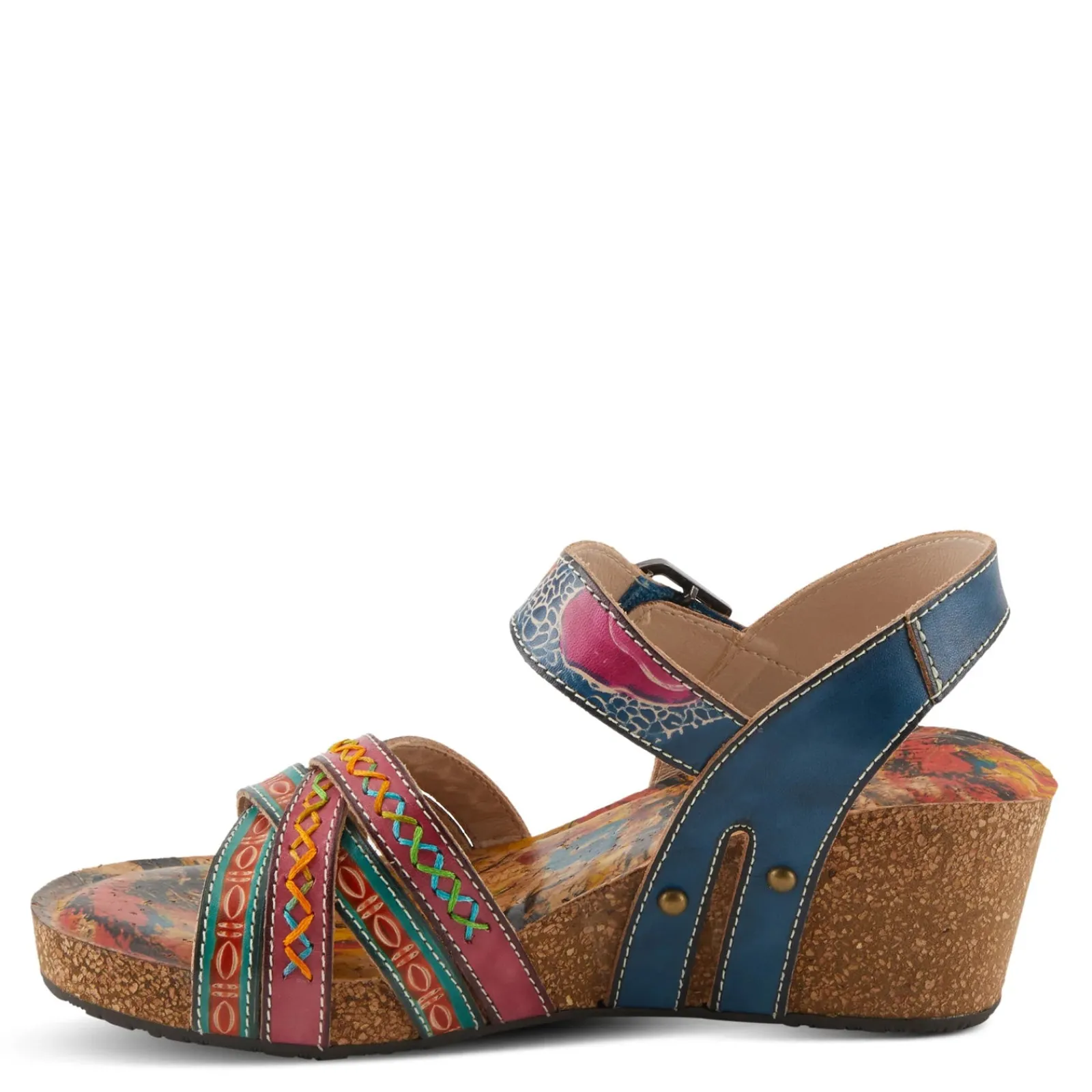 L Artiste Wedges|Women's L'Artiste By Spring Step, Bosquet Wedge Sandal Navy Multi