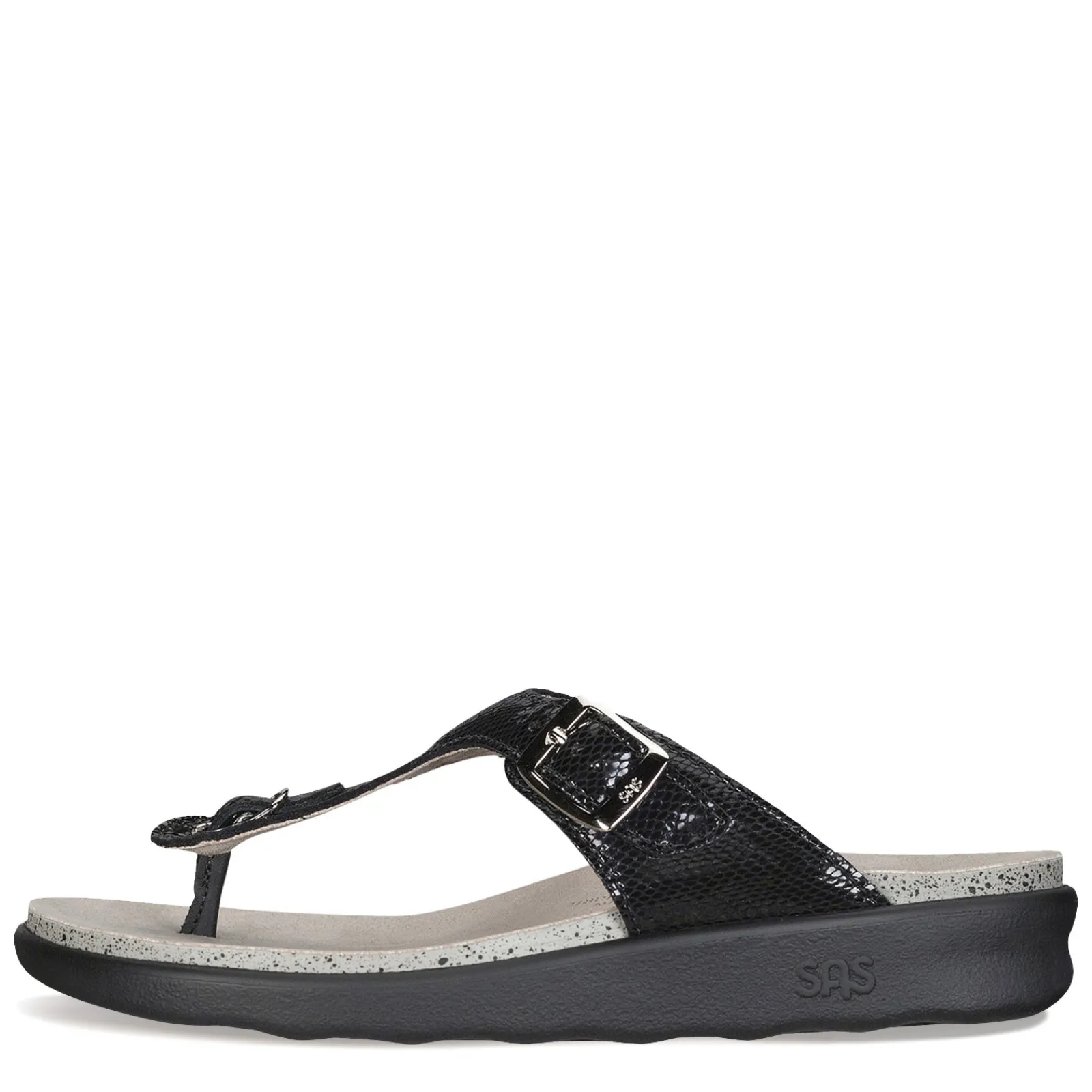SAS Wedges|Women's , Sanibel Thong Sandal Black Snake Leather